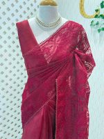 Organza saree with an allover paisley-inspired thread work pattern highlighted by intricate floral detailing - Image 3
