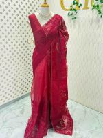 Organza saree with an allover paisley-inspired thread work pattern highlighted by intricate floral detailing - Image 5