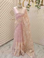 Organza saree with an allover paisley-inspired thread work pattern highlighted by intricate floral detailing - Image 8