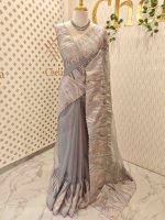 Organza saree with flame inspired turkish work and scallop border - Image 3
