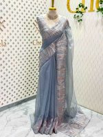 Organza saree with flame inspired turkish work and scallop border - Image 15