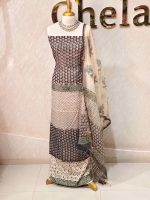 Net Kota salwar material with a central zigzag printed pattern,ethnic butta prints on both sides,and paisley-inspired panels - Image 2