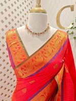 Soft silk with zari pinstripes, traditional zari-woven buttas on the body and a contrast elephant motif zari-woven border - Image 2