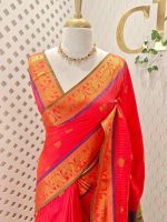 Soft silk with zari pinstripes, traditional zari-woven buttas on the body and a contrast elephant motif zari-woven border