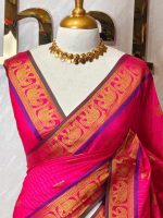 Soft silk with zari pinstripes, traditional zari-woven buttas on the body and a contrast elephant motif zari-woven border - Image 8