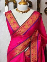 Soft silk with zari pinstripes, traditional zari-woven buttas on the body and a contrast elephant motif zari-woven border - Image 7