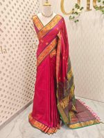 Soft silk with zari pinstripes, traditional zari-woven buttas on the body and a contrast elephant motif zari-woven border - Image 6