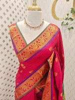 Soft silk with zari pinstripes, traditional zari-woven buttas on the body and a contrast elephant motif zari-woven border - Image 4
