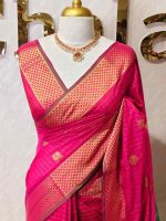 Soft silk with a checkered body, traditional zari buttas and a geometric zari-woven border - Image 4