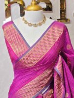Soft silk with a checkered body, traditional zari buttas and a geometric zari-woven border - Image 2