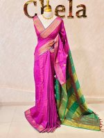 Soft silk with a checkered body, traditional zari buttas and a geometric zari-woven border - Image 3