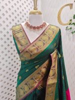 Soft silk with traditional zari woven buttas on the body and a contrast paisley zari-woven border - Image 4