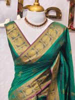 Soft silk with traditional zari woven buttas on the body and a contrast paisley zari-woven border - Image 11
