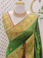 Soft silk with traditional zari woven buttas on the body and a contrast paisley zari-woven border - Image 2