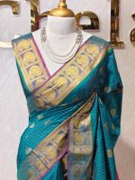 Soft silk with traditional zari woven buttas on the body and a contrast paisley zari-woven border - Image 7