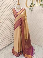 Soft silk with pinstripes and zari-woven butta on the body and a contrast traditional zari border with temple-inspired detailing - Image 3
