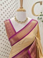 Soft silk with pinstripes and zari-woven butta on the body and a contrast traditional zari border with temple-inspired detailing - Image 2