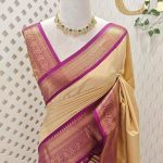 Soft silk with pinstripes and zari-woven butta on the body and a contrast traditional zari border with temple-inspired detailing