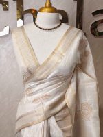 Semi Tussar with rose like floral applique-embroidery motifs all-over the body