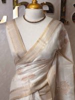 Semi Tussar with rose like floral applique-embroidery motifs all-over the body - Image 2