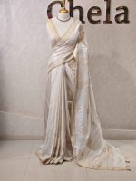 Semi Tussar with rose like floral applique-embroidery motifs all-over the body - Image 3