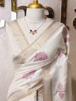 Semi Tussar with rose like floral applique-embroidery motifs all-over the body - Image 5
