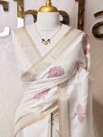 Semi Tussar with rose like floral applique-embroidery motifs all-over the body - Image 4