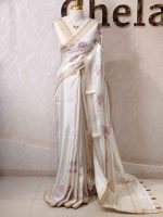 Semi Tussar with rose like floral applique-embroidery motifs all-over the body - Image 6