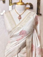 Semi Tussar with rose like floral applique-embroidery motifs all-over the body - Image 7