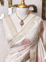 Semi Tussar with rose like floral applique-embroidery motifs all-over the body - Image 8