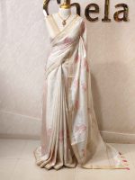 Semi Tussar with rose like floral applique-embroidery motifs all-over the body - Image 9
