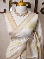 Semi Tussar with rose like floral applique-embroidery motifs all-over the body - Image 10