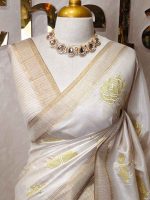Semi Tussar with rose like floral applique-embroidery motifs all-over the body - Image 11