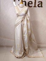 Semi Tussar with rose like floral applique-embroidery motifs all-over the body - Image 12