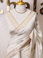 Semi Tussar with rose like floral applique-embroidery motifs all-over the body - Image 13