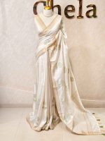 Semi Tussar with rose like floral applique-embroidery motifs all-over the body - Image 15