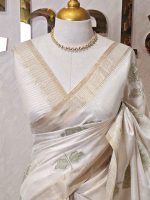 Semi Tussar with rose like floral applique-embroidery motifs all-over the body - Image 14
