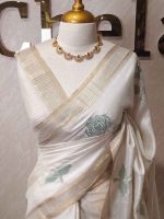 Semi Tussar with rose like floral applique-embroidery motifs all-over the body - Image 16