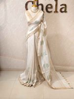 Semi Tussar with rose like floral applique-embroidery motifs all-over the body - Image 18