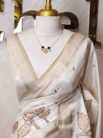 Semi Tussar with oversized floral applique-embroidery on the lower body and minimal floral buttas all-over the body - Image 2