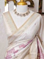 Semi Tussar with oversized floral applique-embroidery on the lower body and minimal floral buttas all-over the body - Image 4