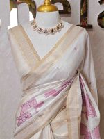 Semi Tussar with oversized floral applique-embroidery on the lower body and minimal floral buttas all-over the body - Image 5