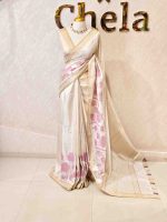 Semi Tussar with oversized floral applique-embroidery on the lower body and minimal floral buttas all-over the body - Image 6