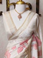 Semi Tussar with oversized floral applique-embroidery on the lower body and minimal floral buttas all-over the body - Image 7