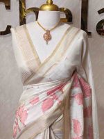 Semi Tussar with oversized floral applique-embroidery on the lower body and minimal floral buttas all-over the body - Image 8