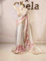 Semi Tussar with oversized floral applique-embroidery on the lower body and minimal floral buttas all-over the body - Image 9