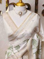 Semi Tussar with oversized floral applique-embroidery on the lower body and minimal floral buttas all-over the body - Image 10