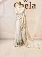 Semi Tussar with oversized floral applique-embroidery on the lower body and minimal floral buttas all-over the body - Image 12