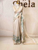 Semi Tussar with oversized floral applique-embroidery on the lower body and minimal floral buttas all-over the body - Image 15