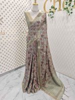 Semi Tussar with floral pattern highlighted by  running stitch embroidery and sequins work All over the body - Image 6